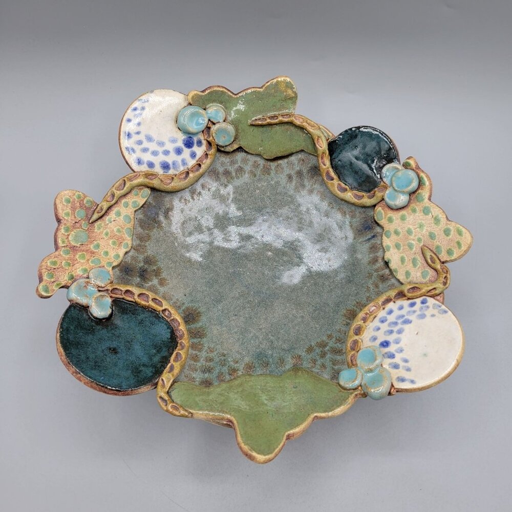 Handcrafted Studio Pottery Decorative Bowl Snake Details Footed One of a Kind